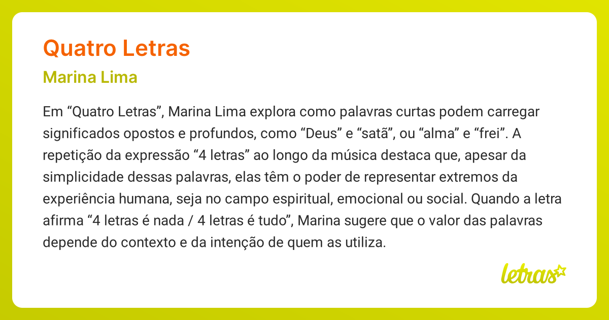 Significado da música QUATRO LETRAS (Marina Lima) - LETRAS.MUS.BR