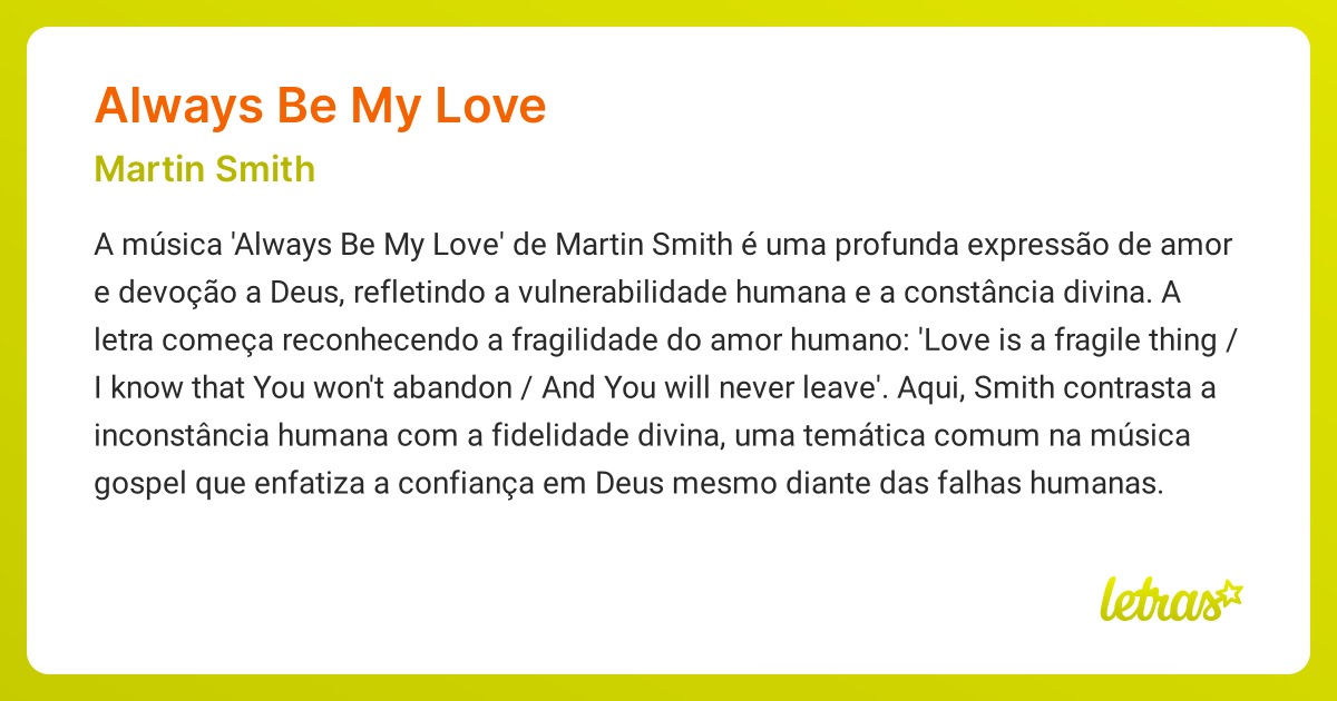 Significado da música ALWAYS BE MY LOVE (Martin Smith) - LETRAS.MUS.BR