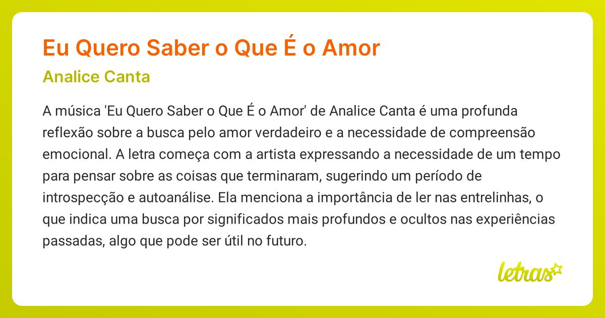 Significado da música EU QUERO SABER O QUE É O AMOR (Analice Canta ...