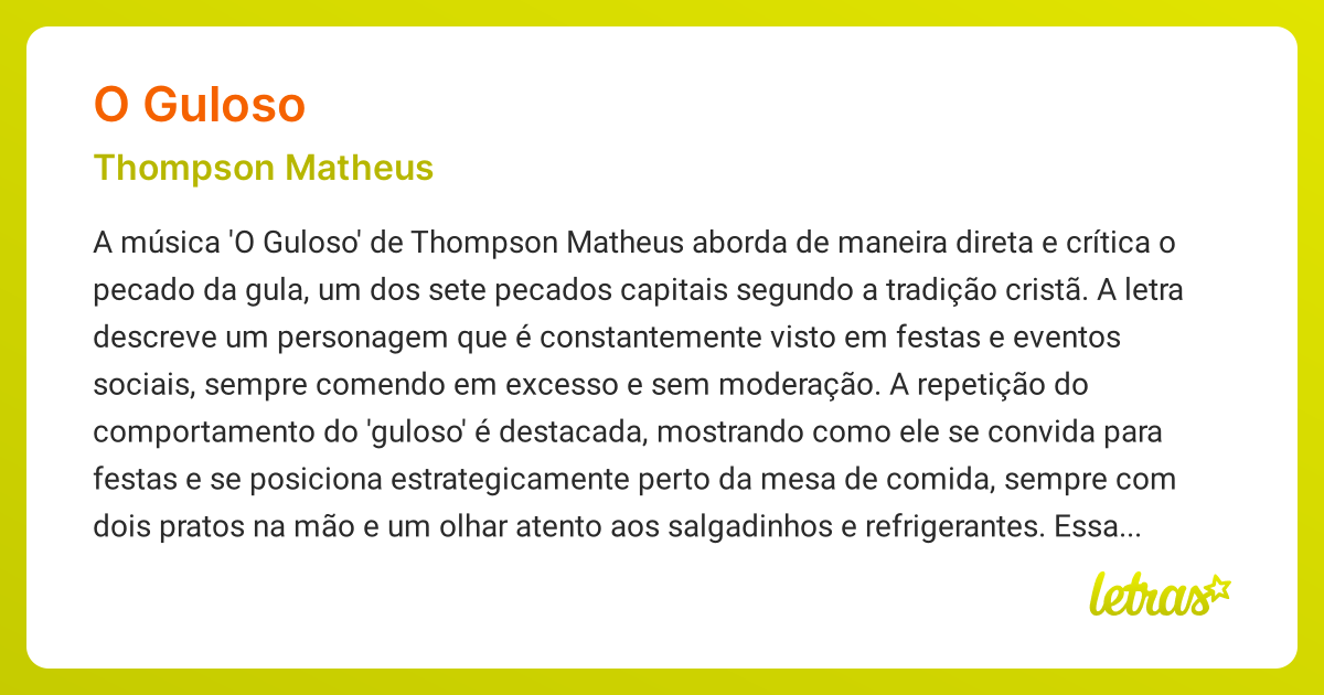 Significado da música O GULOSO (Thompson Matheus) - LETRAS.MUS.BR