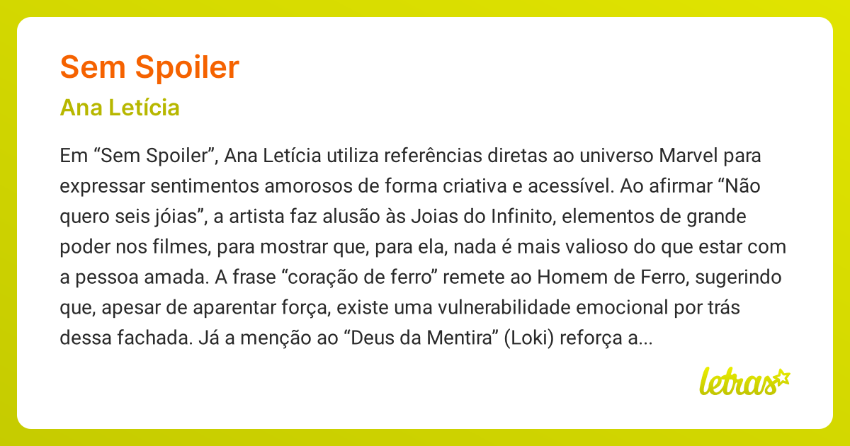 Significado da música SEM SPOILER (Ana Letícia) - LETRAS.MUS.BR