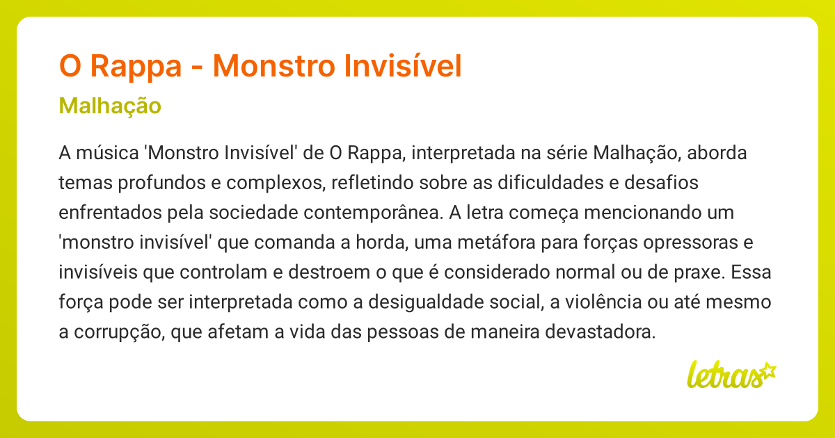 Significado da música O RAPPA - MONSTRO INVISÍVEL (Malhação) - LETRAS ...