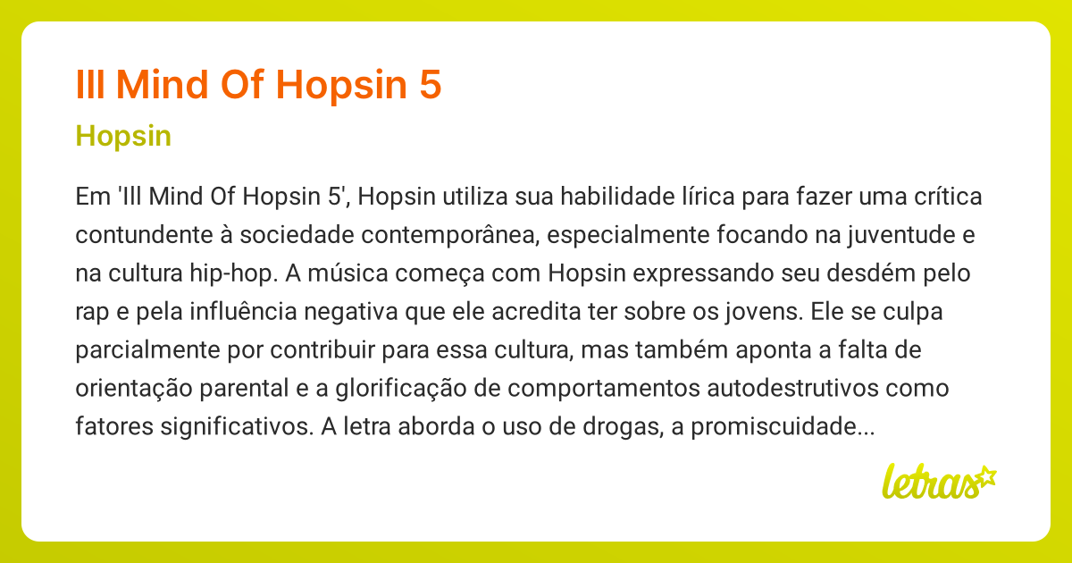 Significado da música ILL MIND OF HOPSIN 5 (Hopsin) - LETRAS.MUS.BR