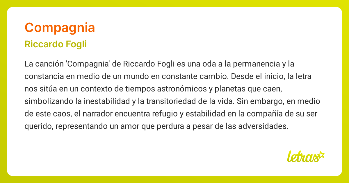 Significado de la canción COMPAGNIA (Riccardo Fogli) - LETRAS.COM