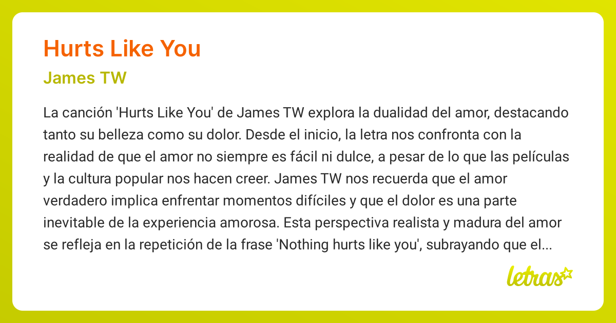 Significado de la canción HURTS LIKE YOU (James TW) - LETRAS.COM