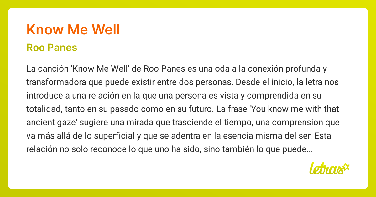 Significado de la canción KNOW ME WELL (Roo Panes) - LETRAS.COM