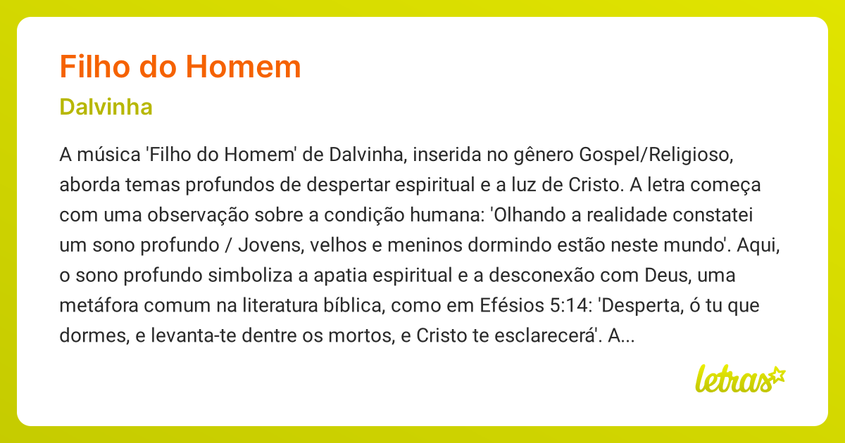 Significado da música FILHO DO HOMEM (Dalvinha) - LETRAS.MUS.BR