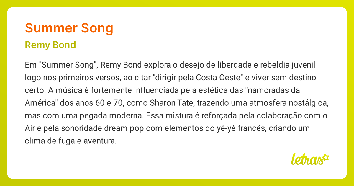 Significado da música SUMMER SONG (Remy Bond) - LETRAS.MUS.BR