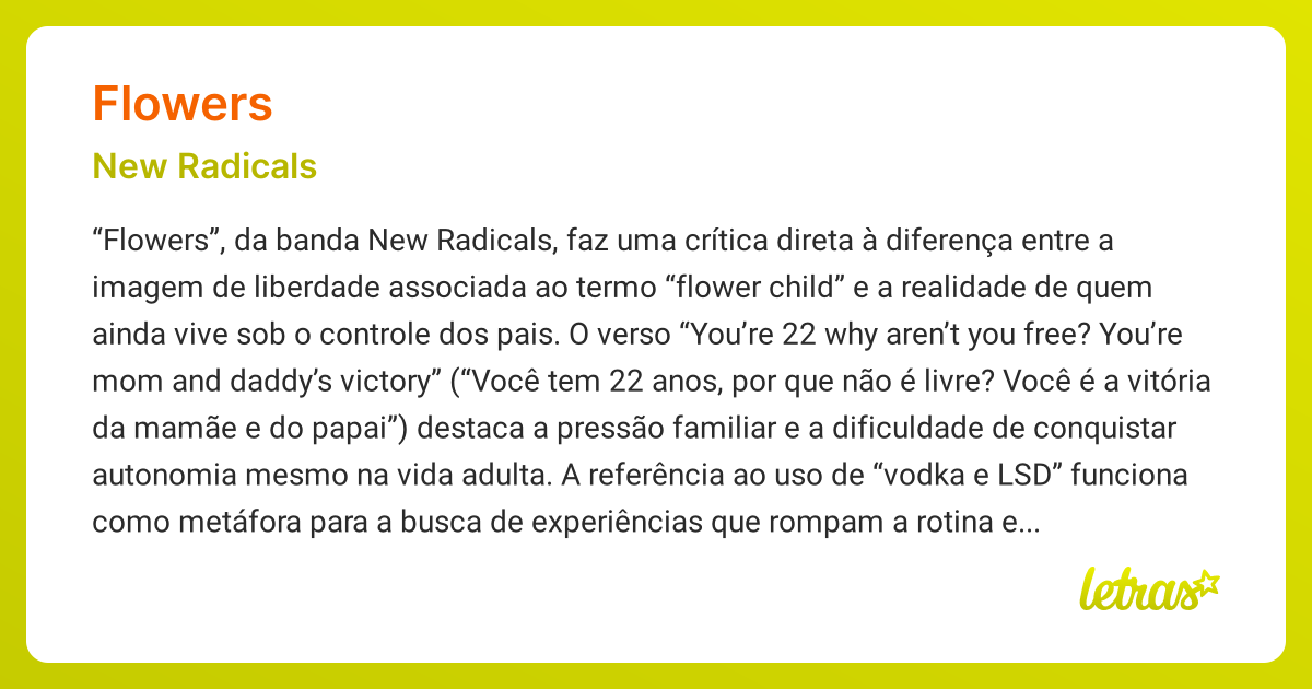 Significado da música FLOWERS (New Radicals) - LETRAS.MUS.BR