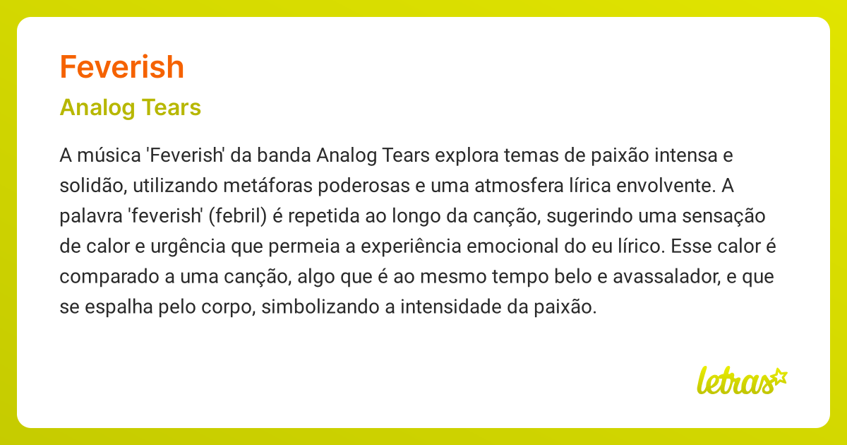 Significado da música FEVERISH (Analog Tears) - LETRAS.MUS.BR