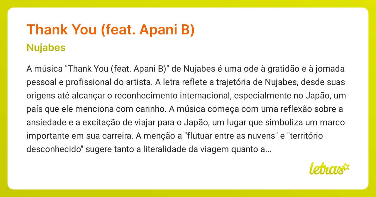 Significado da música THANK YOU (FEAT. APANI B) (Nujabes) - LETRAS.MUS.BR