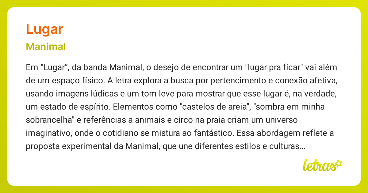 Significado da música LUGAR (Manimal) - LETRAS.MUS.BR
