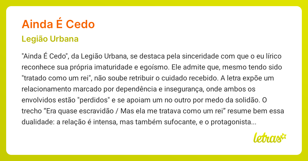Significado da música AINDA É CEDO (Legião Urbana) - LETRAS.MUS.BR
