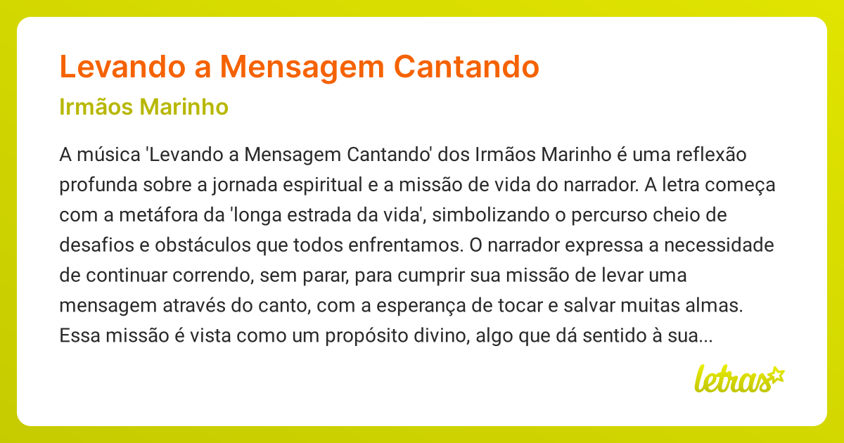 Significado da música LEVANDO A MENSAGEM CANTANDO (Irmãos Marinho ...