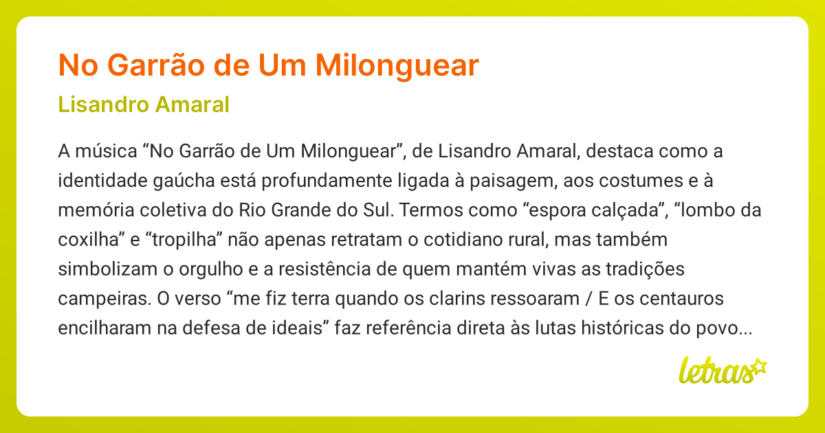 Significado da música NO GARRÃO DE UM MILONGUEAR (Lisandro Amaral ...