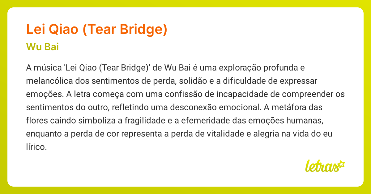 Significado da música LEI QIAO (TEAR BRIDGE) (Wu Bai) - LETRAS.MUS.BR