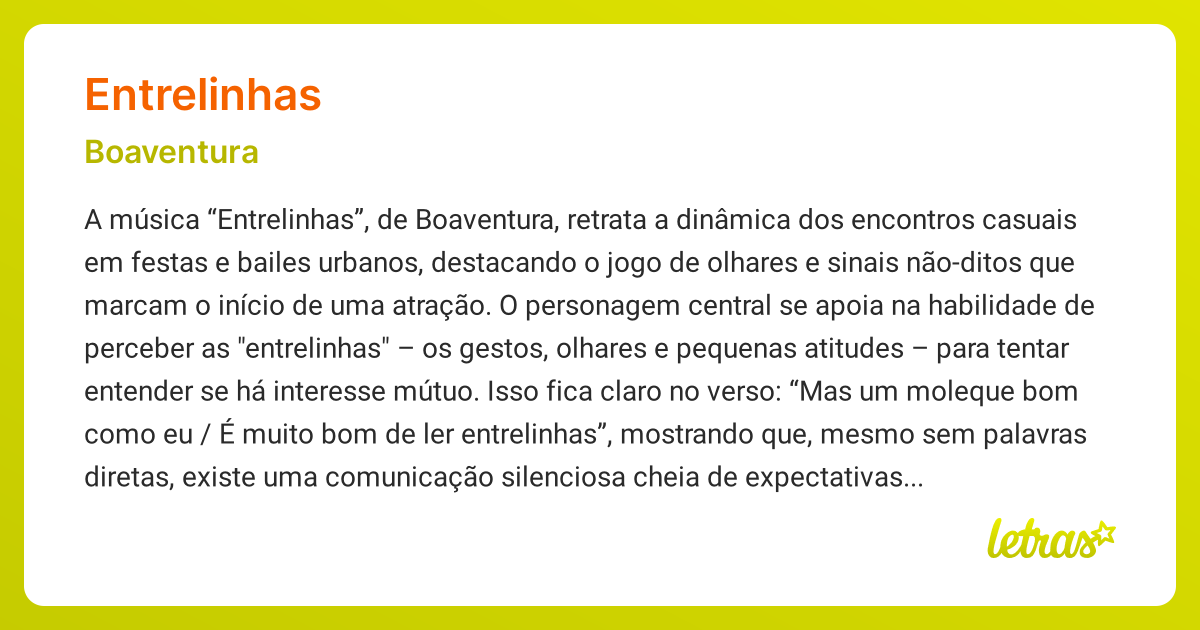 Significado da música ENTRELINHAS (Boaventura) - LETRAS.MUS.BR