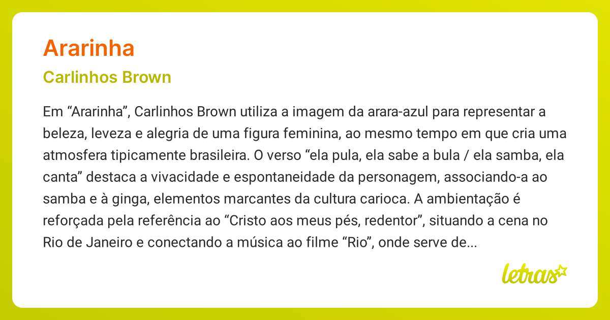 Significado da música ARARINHA (Carlinhos Brown) - LETRAS.MUS.BR