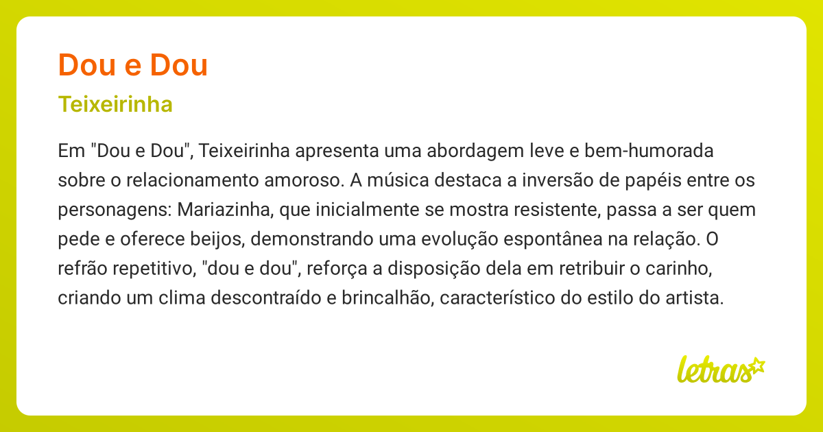 Significado da música DOU E DOU (Teixeirinha) - LETRAS.MUS.BR