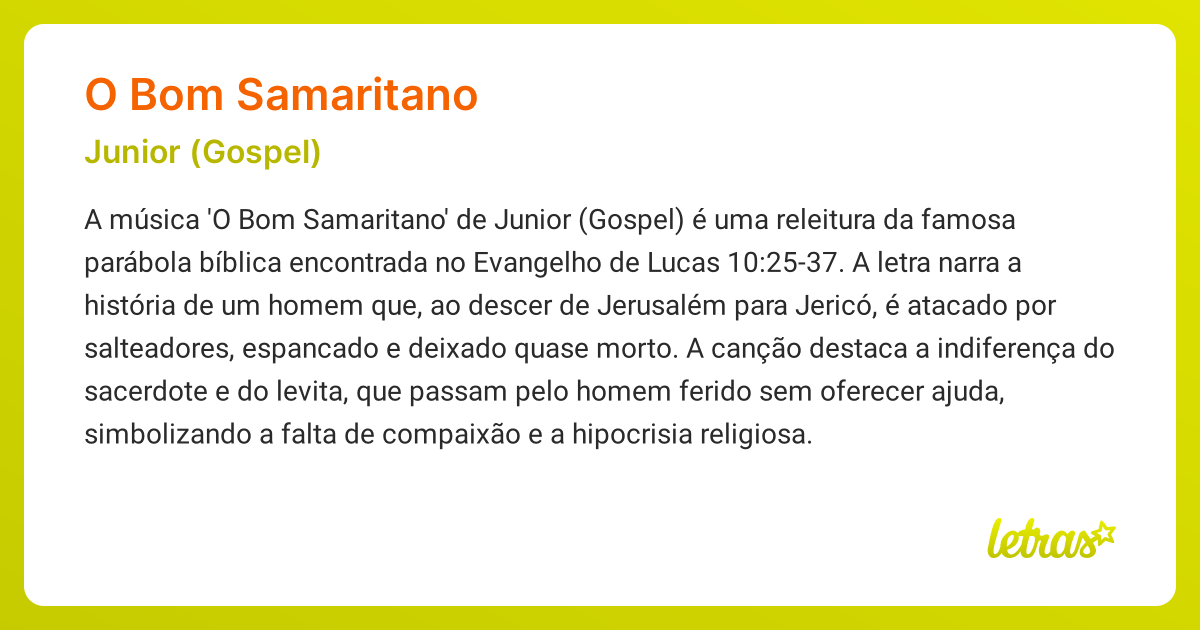 Significado da música O BOM SAMARITANO (Junior (Gospel)) - LETRAS.MUS.BR