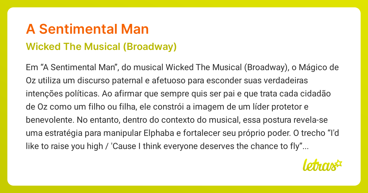 Significado da música A SENTIMENTAL MAN (Wicked The Musical (Broadway ...