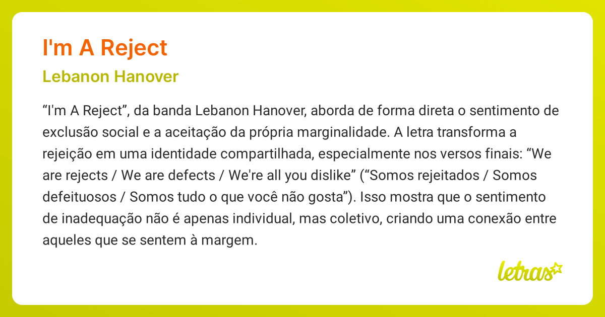 Significado da música I'M A REJECT (Lebanon Hanover) - LETRAS.MUS.BR