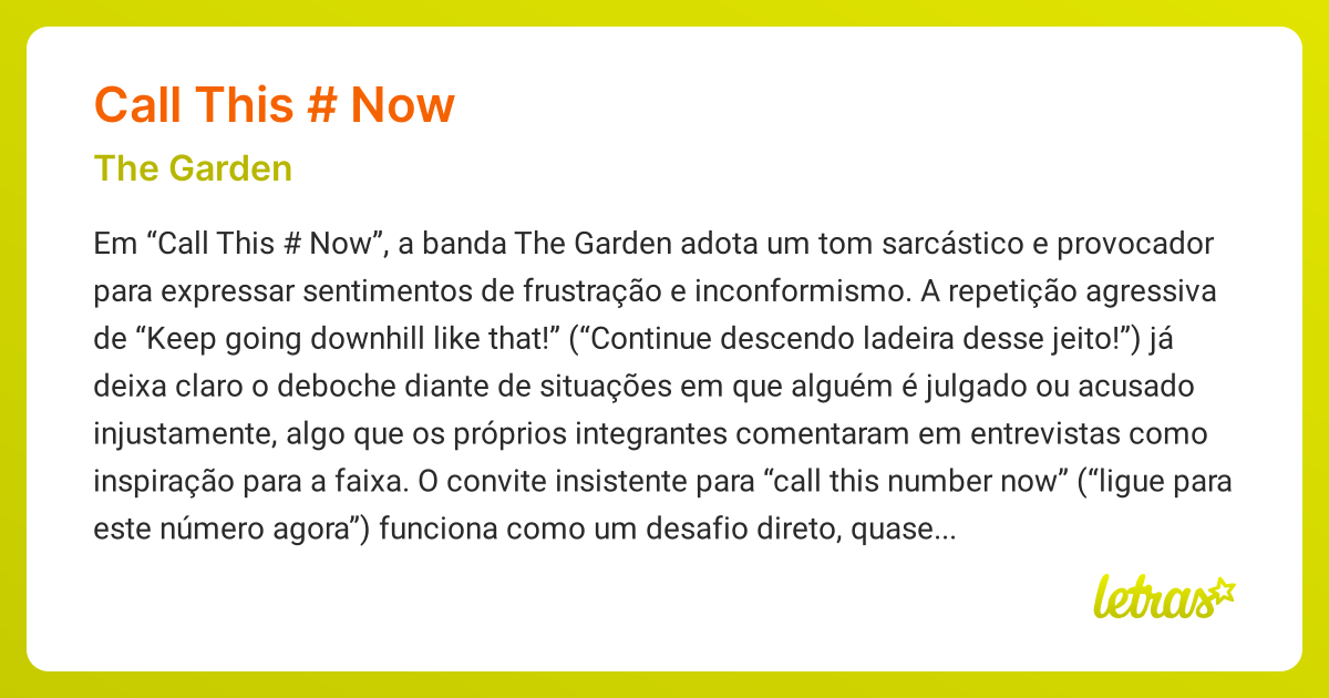 Significado da música CALL THIS # NOW (The Garden) - LETRAS.MUS.BR