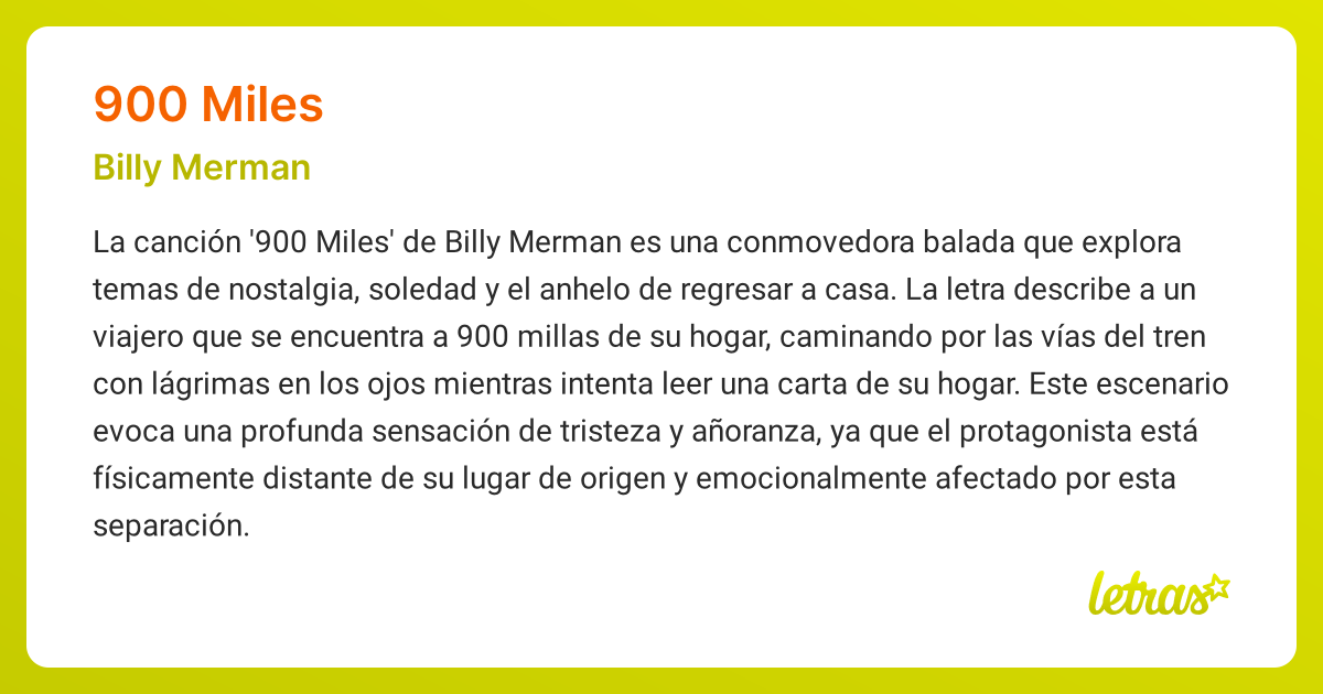 Significado de la canción 900 MILES (Billy Merman) - LETRAS.COM