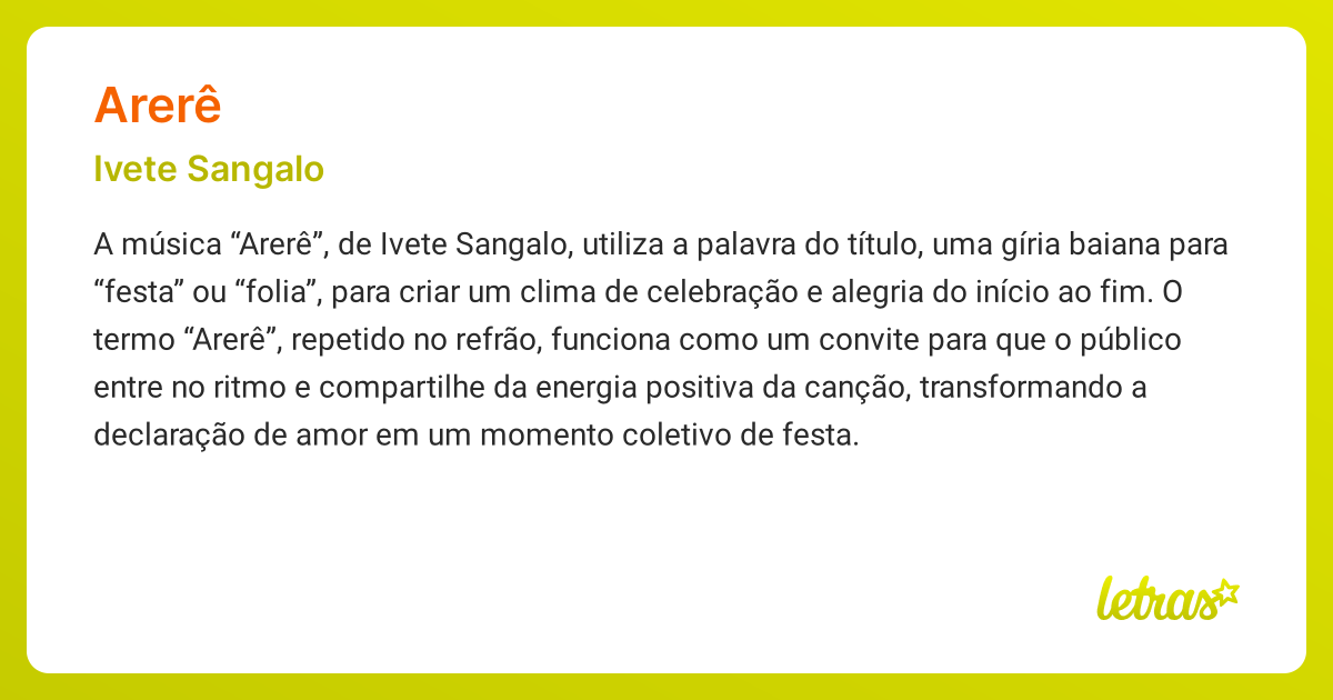 Significado da música ARERÊ (Ivete Sangalo) - LETRAS.MUS.BR