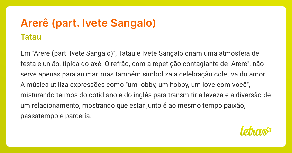 Significado da música ARERÊ (PART. IVETE SANGALO) (Tatau) - LETRAS.MUS.BR