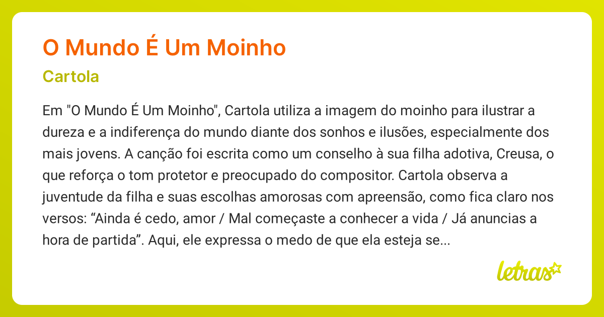 Significado da música O MUNDO É UM MOINHO (Cartola) - LETRAS.MUS.BR