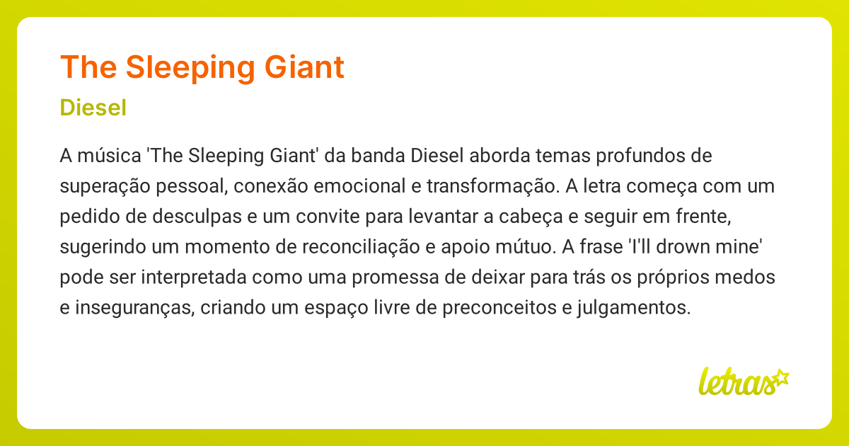 Significado da música THE SLEEPING GIANT (Diesel) - LETRAS.MUS.BR