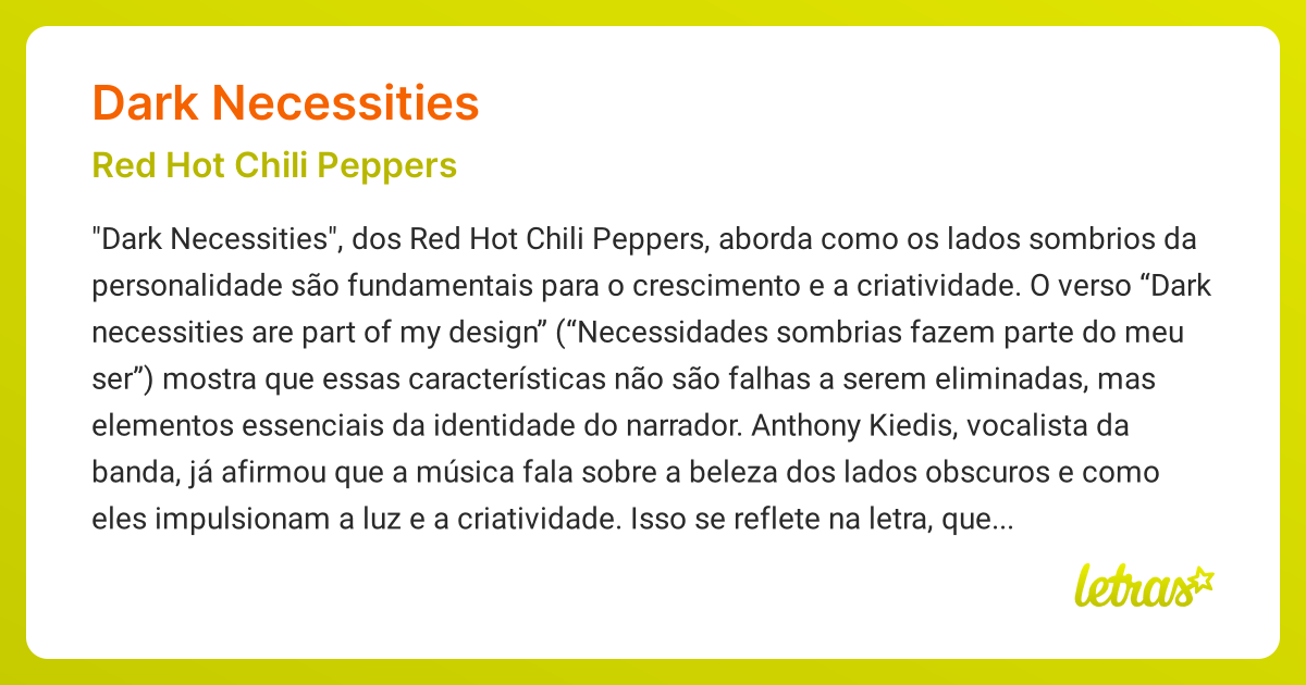 Significado da música DARK NECESSITIES (Red Hot Chili Peppers) LETRAS