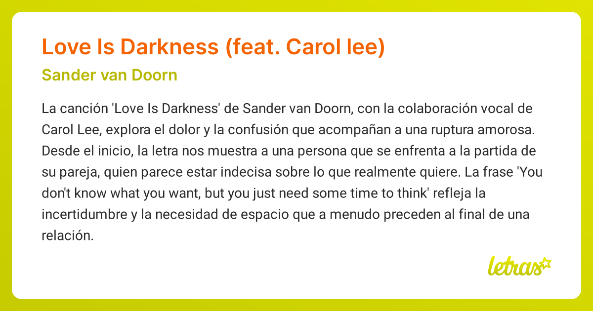 Significado de la canción Love Is Darkness (feat. Carol lee) (Sander ...