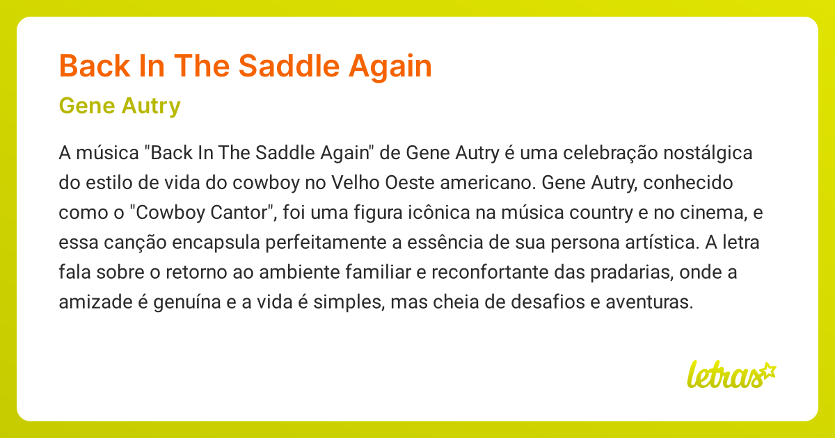 Significado da música BACK IN THE SADDLE AGAIN (Gene Autry) - LETRAS.MUS.BR