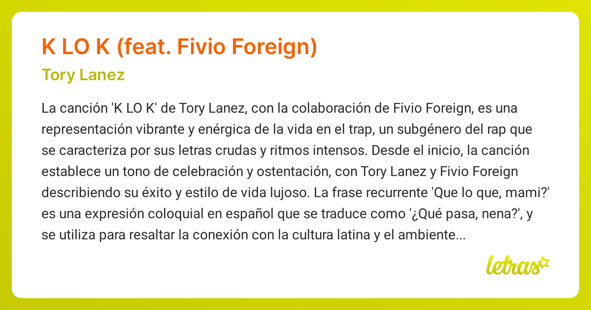 Significado de la canción K LO K (FEAT. FIVIO FOREIGN) (Tory Lanez ...