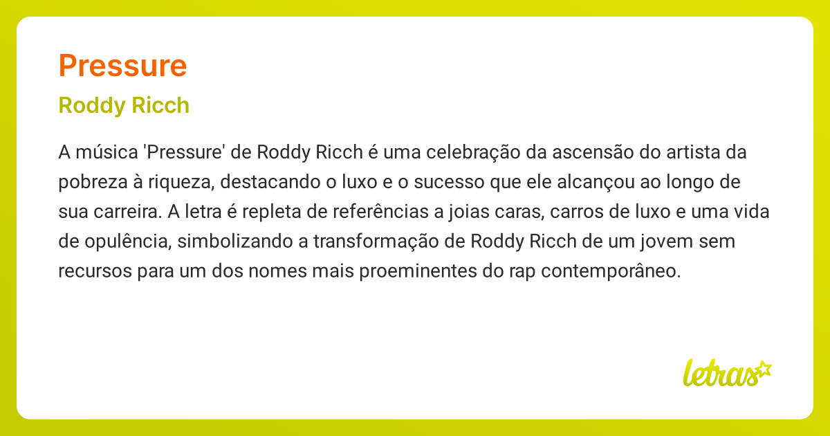 Significado da música PRESSURE (Roddy Ricch) - LETRAS.MUS.BR