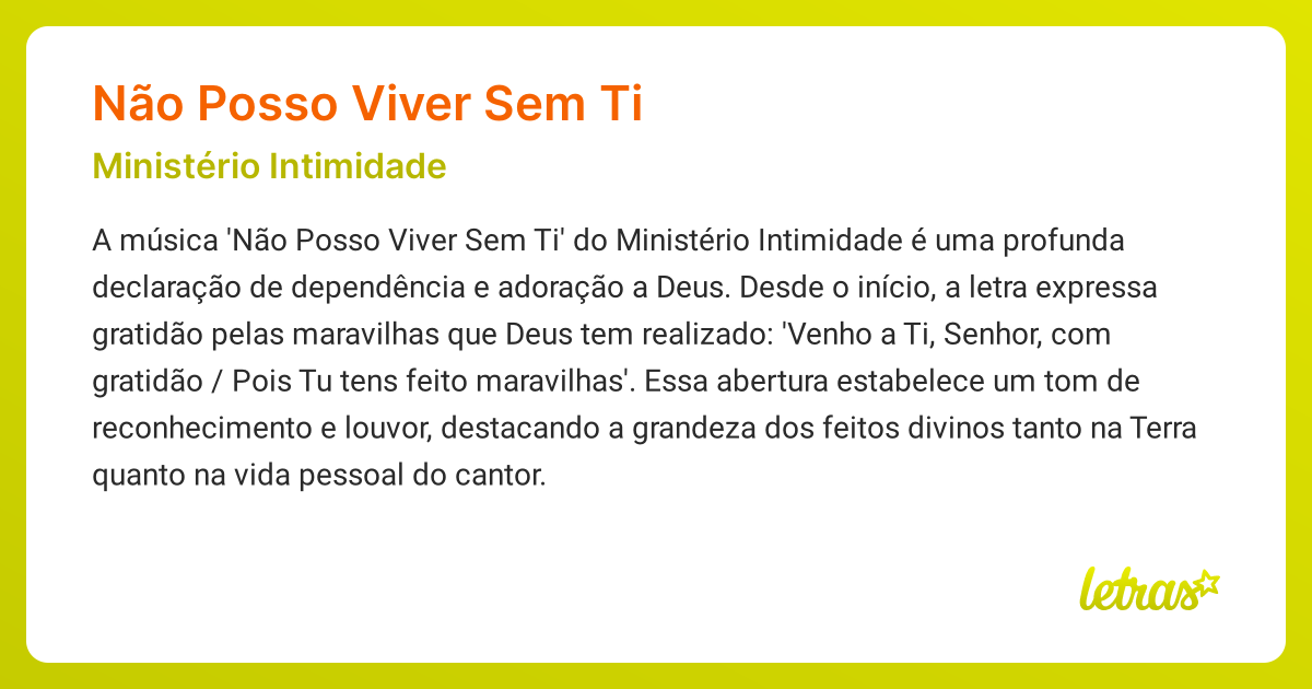 Significado da música NÃO POSSO VIVER SEM TI (Ministério Intimidade ...