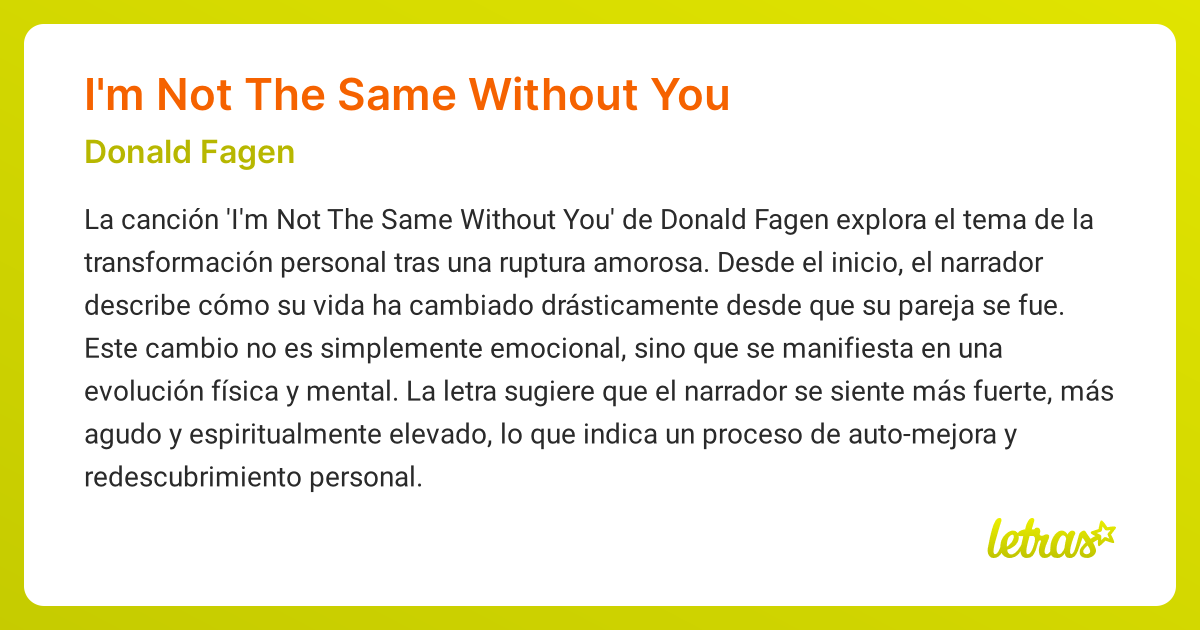 Significado de la canción I'M NOT THE SAME WITHOUT YOU (Donald Fagen ...