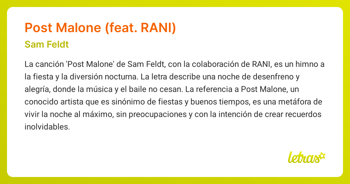 Significado de la canción POST MALONE (FEAT. RANI) (Sam Feldt) - LETRAS.COM
