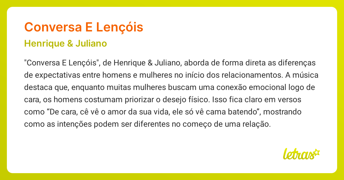 Significado da música CONVERSA E LENÇÓIS (Henrique & Juliano) - LETRAS ...