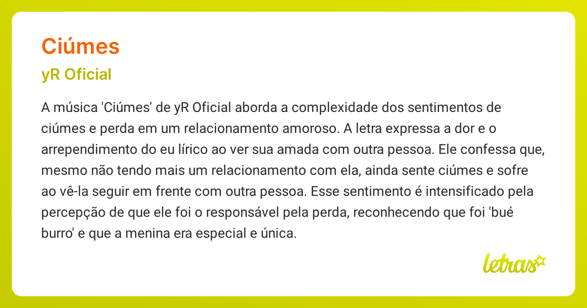 Significado da música CIÚMES (yR Oficial) - LETRAS.MUS.BR