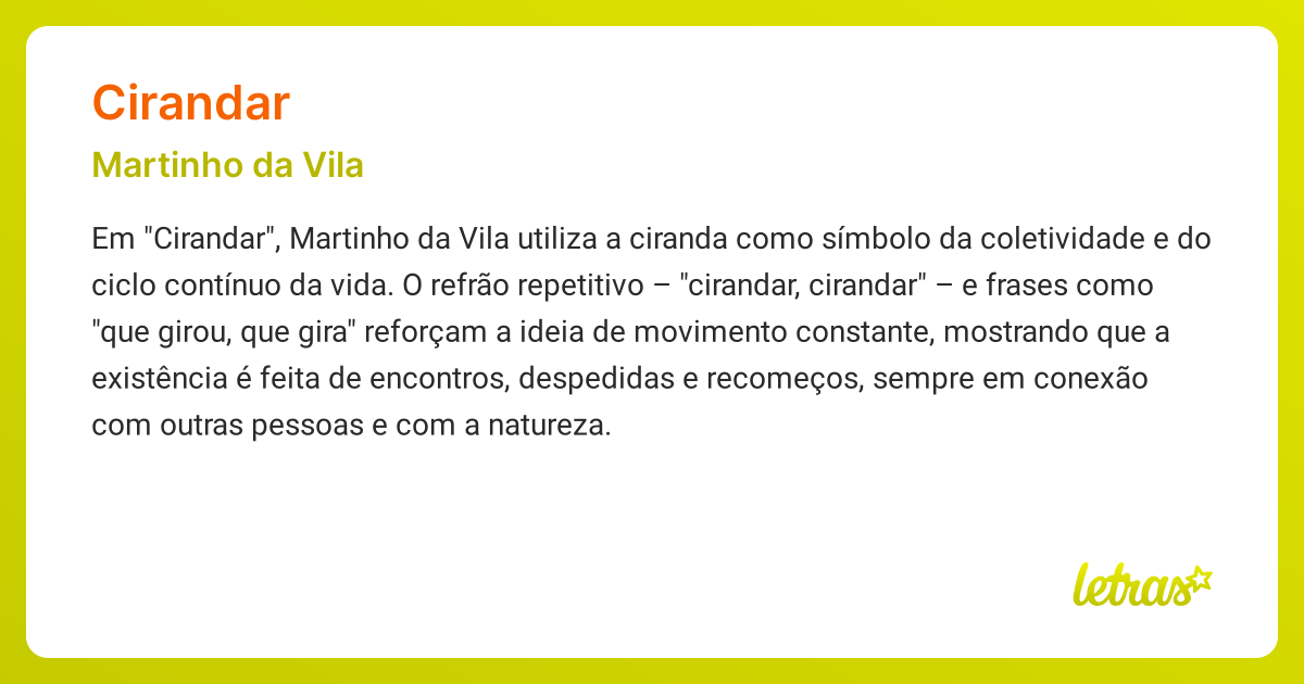 Significado da música CIRANDAR (Martinho da Vila) - LETRAS.MUS.BR