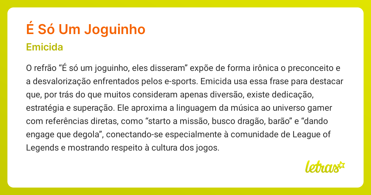 Significado da música É SÓ UM JOGUINHO (Emicida) - LETRAS.MUS.BR