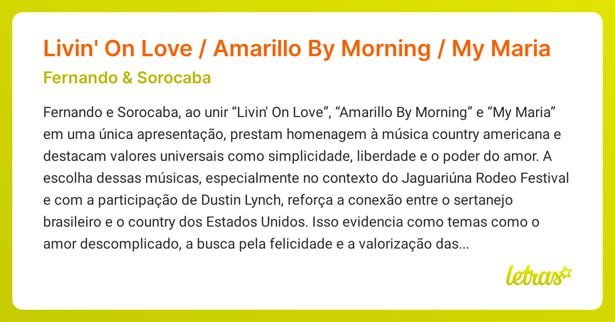 Significado da música Livin' On Love / Amarillo By Morning / My Maria ...