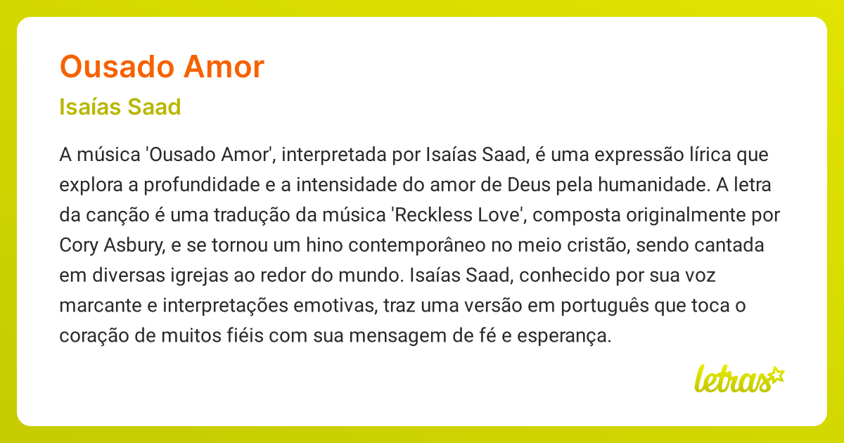 Significado da música OUSADO AMOR (Isaías Saad) - LETRAS.MUS.BR
