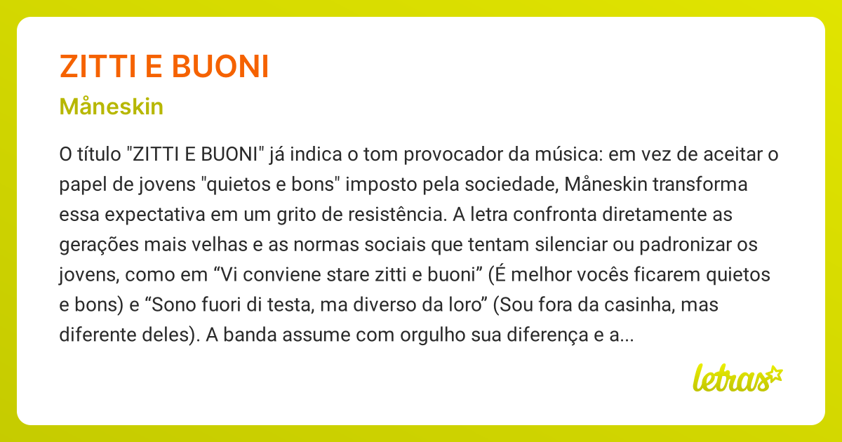 Significado da música ZITTI E BUONI (Måneskin) - LETRAS.MUS.BR