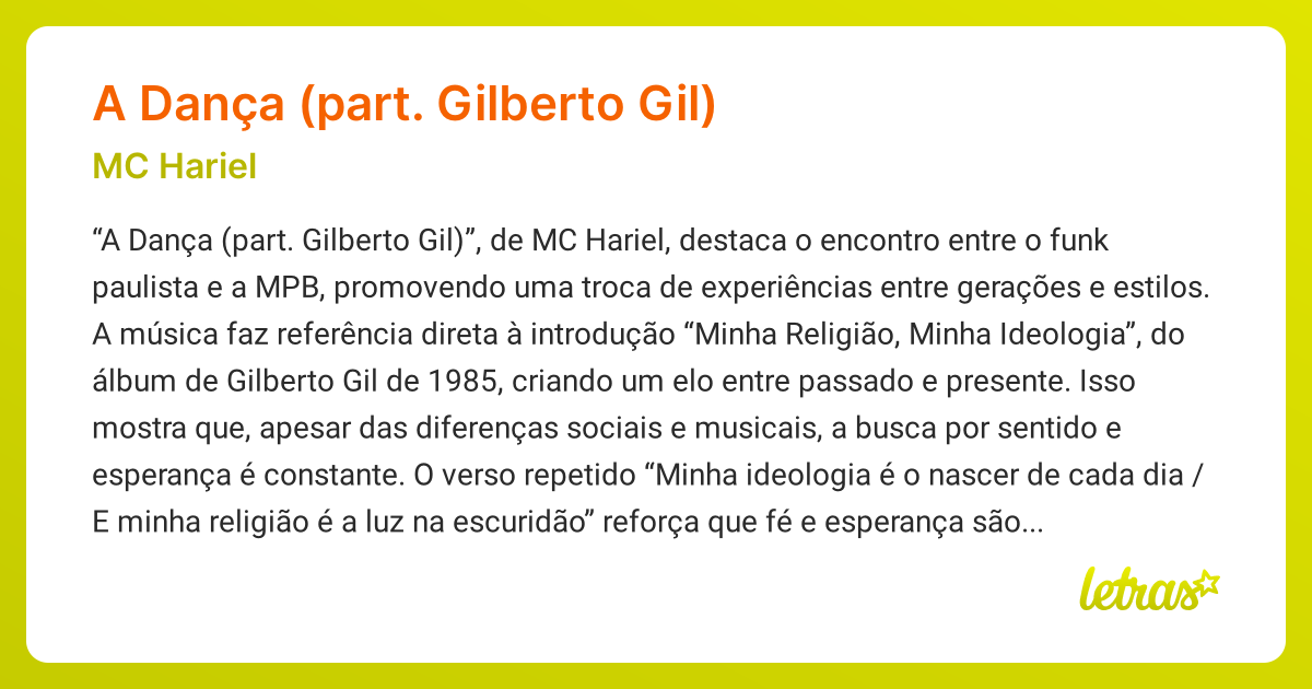 Significado da música A DANÇA (PART. GILBERTO GIL) (MC Hariel) - LETRAS ...