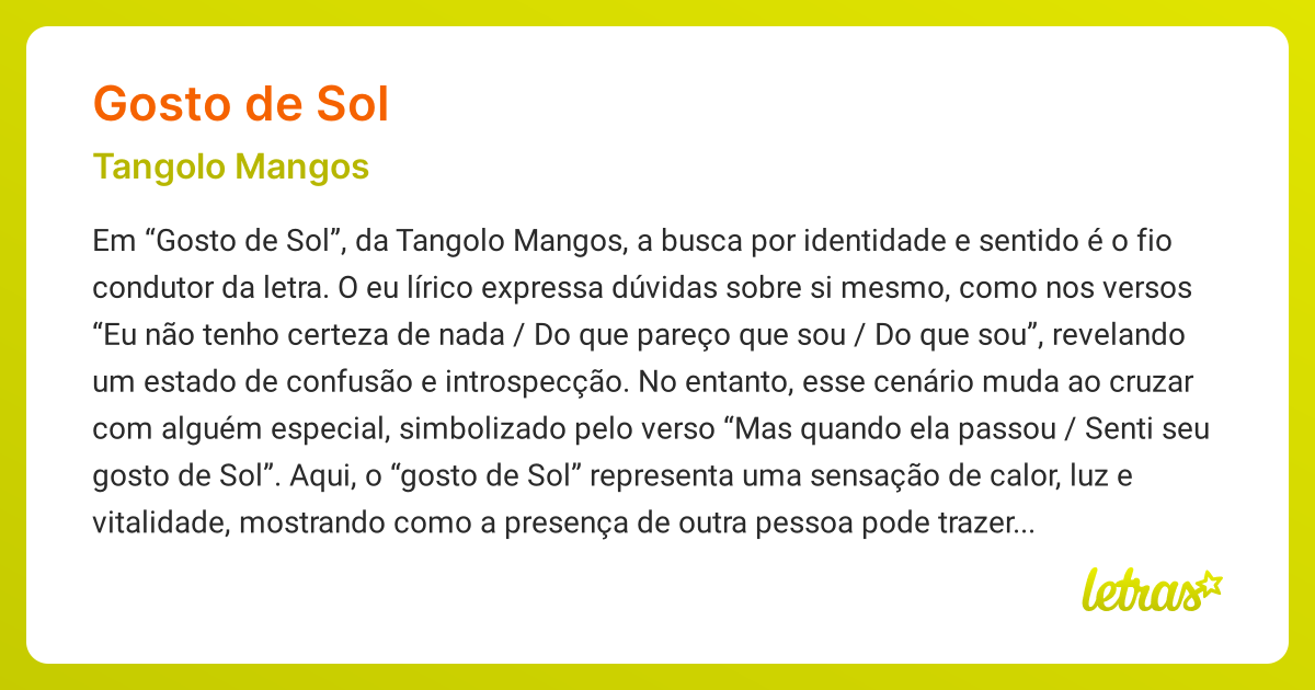 Significado da música GOSTO DE SOL (Tangolo Mangos) - LETRAS.MUS.BR