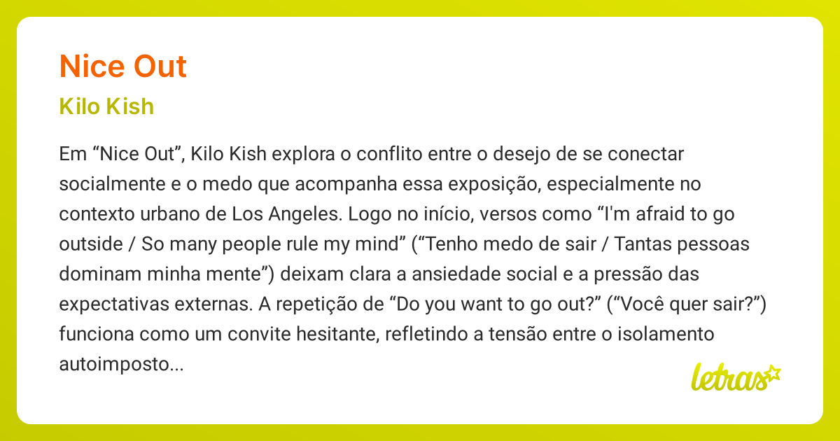 Significado da música NICE OUT (Kilo Kish) - LETRAS.MUS.BR